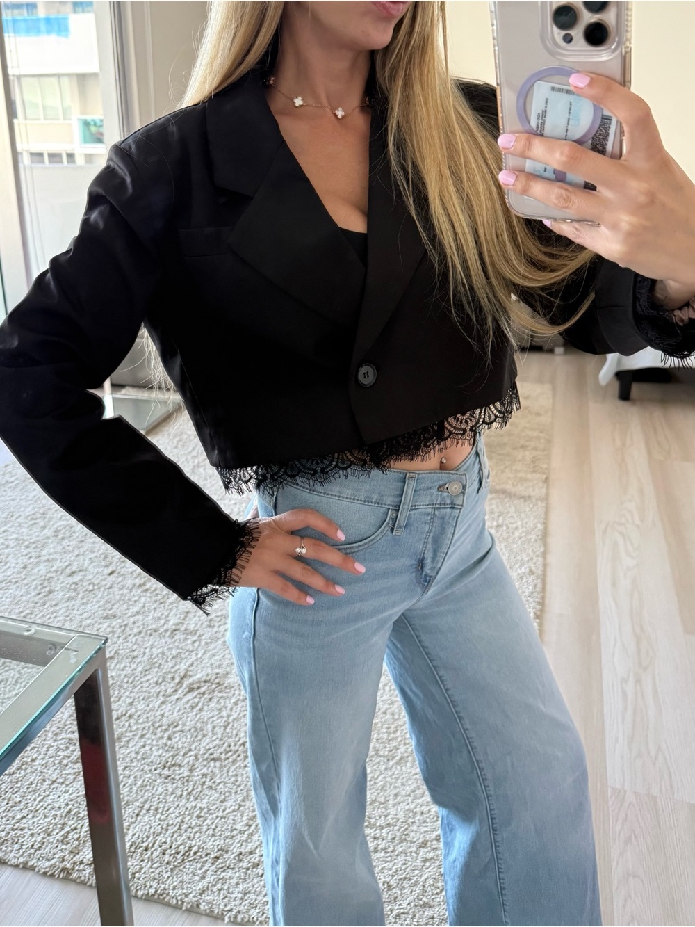 Cropped Black Lace-Trim Blazer Jacket - Women